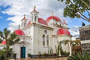 The red-domed Greek Orthodox church of the Twelve Apostles near the shore of the Sea of Galilee at Capernaum, Israel