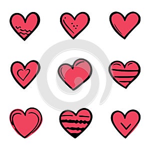 Red doodle hearts, hand drawn love heart collection isolated on white background. Vector illustration for any design