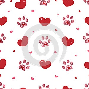 Red doodle paw print with hearts. Happy Valentine`s day, Mother`s Day seamless fabric design pattern background vector