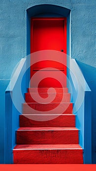 A red door with blue steps leading up to it in front of a wall, AI