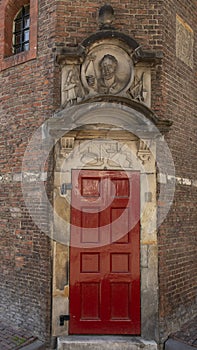 Red Door and Gable stone for the Mason`s Guild, Waag Building, Amsterdam