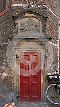 Red Door and Gable Stone for S. Lucas Gild, Waag House, Amsterdam, The Netherlands