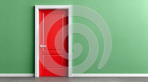 Red door in green wall, creating a striking contrast.