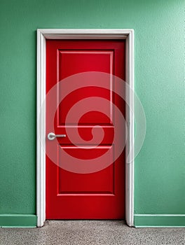 Red door set in a green wall creating a vibrant contrast.