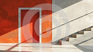 A red door in a white and orange room with stairs, AI