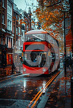 Red double decker bus drives down London street on rainy day.