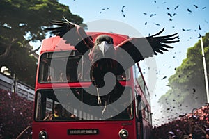 Red double decker bus in Kuala Lumpur, Flamengo fans following their bus. Huge vulture, AI Generated