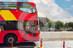 Red double decker bus. Sightseening tour. Excursion for tourists