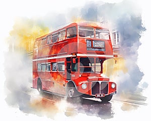 Red double-decker tour bus. London and transportation. Watercolor illustration on white background.