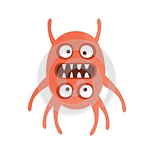 Red Double Faces Aggressive Malignant Bacteria Monster With Sharp Teeth Cartoon Vector Illustration