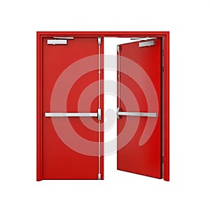 Red Double Fire Exit Doors with Push Bars on White Background emergency exit double doors