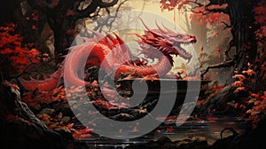 A red dragon on a bench in a forest