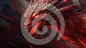 Red dragon head digital painting. Fantasy red dragon head - digital illustration. Generative AI