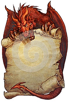 Red dragon holding an ancient scroll - fantasy illustration