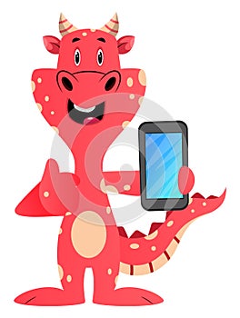 Red dragon is holding mobile phone, illustration, vector
