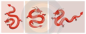 Red Dragon illustrations collection. Chinese new year 2024 year of the dragon - red traditional Chinese designs with