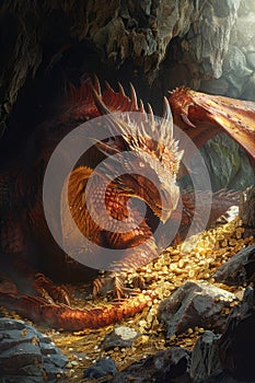 A red dragon sits on a pile of gold coins in its lair photo
