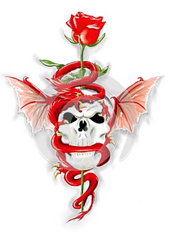 Red dragon with skull and rose - Hand draw