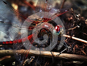 Red dragonfly sitting on the dry plants. Big abstract insect colse up view.