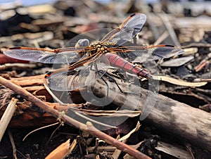 Red dragonfly sitting on the dry plants. Big abstract insect colse up view.