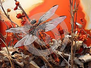 Red dragonfly sitting on the dry plants. Big abstract insect colse up view. Generated AI.