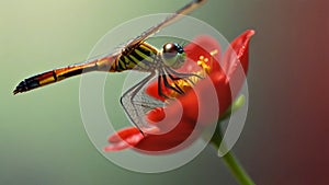 A red dragonfly is sitting on a red flower