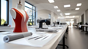 Red dress form in a bright sewing studio with tools and materials