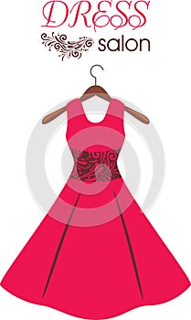 Red dress on hanger. Dress salon. Sign for fashion design