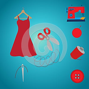 Red dress with scissors, sewing machine and sewing accessories