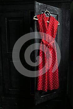 Red dress in a white dots on a wooden hanger