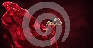 Red Dress, Woman in Flying Fashion Silk Fabric Clothes Model