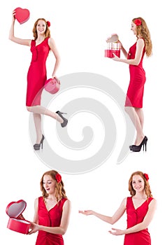The red dress woman holding gift box isolated on white