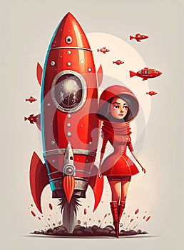 Red dressed lady with red rocket digital illustration