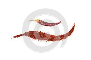 Red dried crushed hot chili peppers and chili flakes or powder isolated on white background