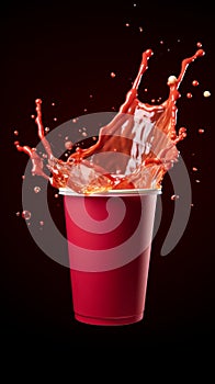 Red drink erupts joyfully from a vibrant paper cup, creating playful splashes