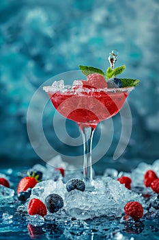 Red Drink With Ice and Berries on the Rim