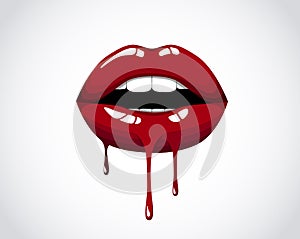 Red dripping girl lips. Woman bleeding red mouth. Melting kiss with lipstick, gloss. Valentines, mothers day logo