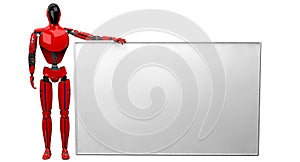 Red Droid holding large white poster on white background