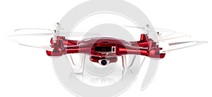 Red drone flying isolated on white background. Clsoe up of fly drone