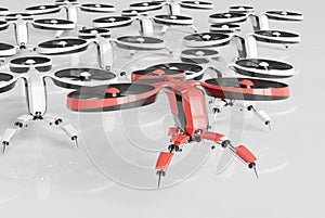 Red drone leading white drones on white background 3D rendering