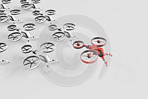 Red drone leading white drones on white background 3D rendering