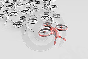 Red drone leading white drones on white background 3D rendering