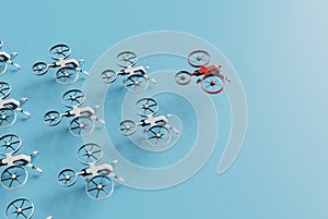 Red drone leading white drones on blue background 3D rendering