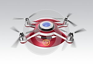 Red drone, a quadrocopter for racing on gray background