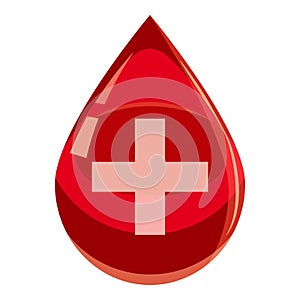 Red drop of blood with cross icon, cartoon style