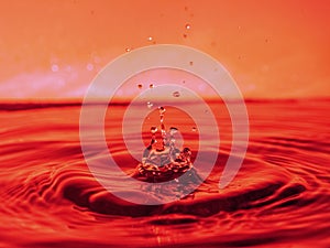 A red drop drips into the water and creates splashes of different shapes