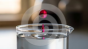 The background is blurred emphasizing the drop and the glass container