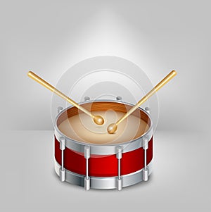 Red drum and wooden drumsticks. Vector