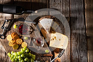 Red Dry Wine Bottle Glasses Different Kinds Cheese Wooden Background Top View Concept Wine Tasting