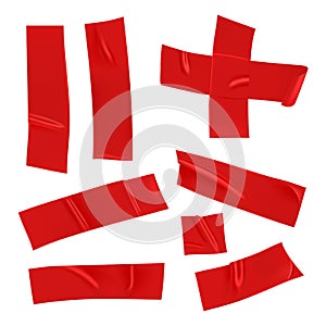 Red duct tape set. Realistic red adhesive tape pieces for fixing isolated on white background. Scotch cross and paper